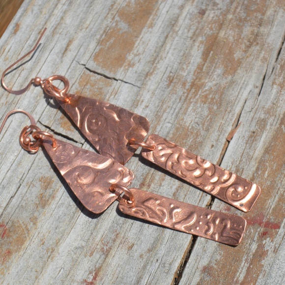 Copper Triangle Rustic Earrings Long Dangle Drop Boho Handmade Artisan Gift - Picture 7 of 7